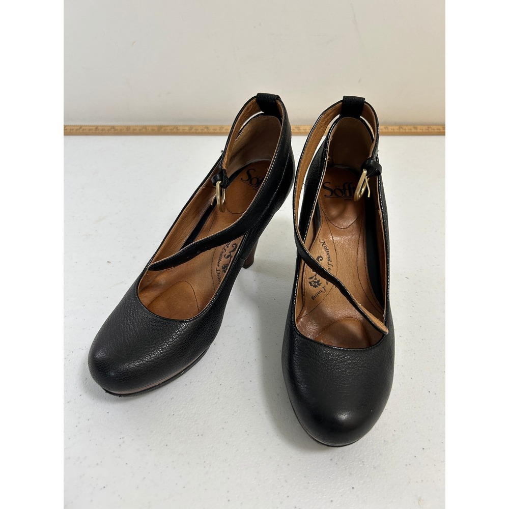 Sofft Black Pebbled Leather Mary Jane Pumps Stacked Heel Gold Buckle Mens 7.5